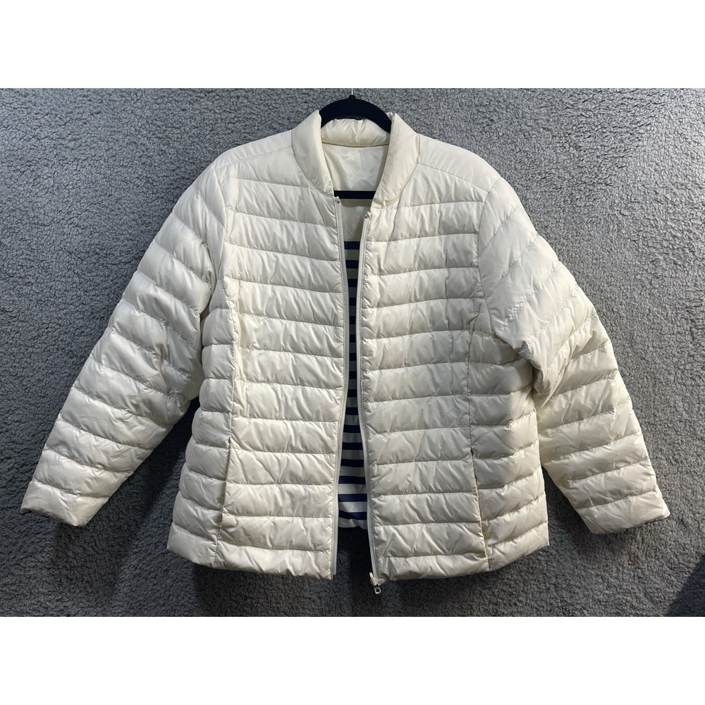 Lands' End 1X Reversible Down Puffer Jacket White Blue Stripe Full Zip